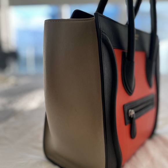 Celine micro luggage tote. Orange with taupe sides and black handle. - Picture 4 of 4